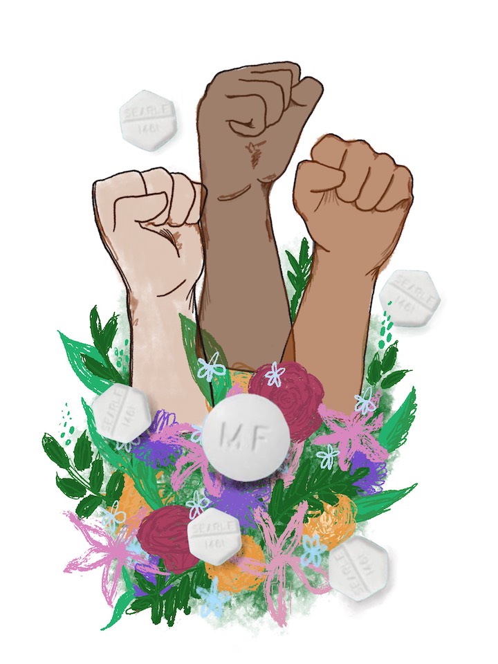 Graphic shows three clenched fists surrounded by abortion pills and a bouquet of flowers