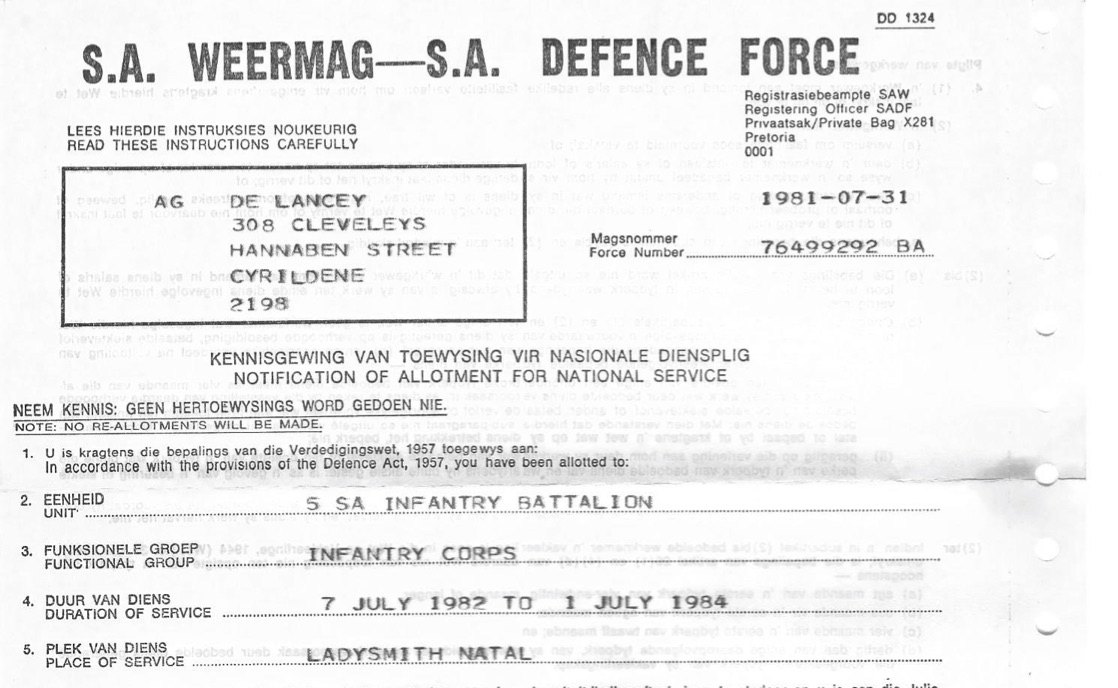 "Notification of Allotment for National Service" in the 5 SA Infantry Battalion