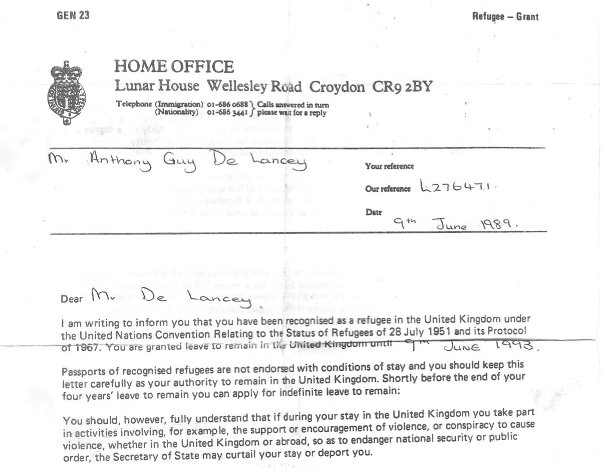 Letter from the Home Office "recognizing" Mr. de Lancey as a refugee in the United Kingdom