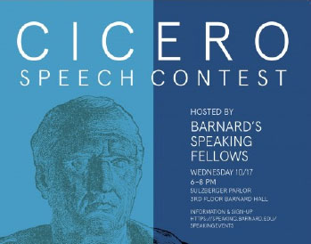 Poster for the Cicero speech contest, with a portrait of Cicero on the left and a blue background. 