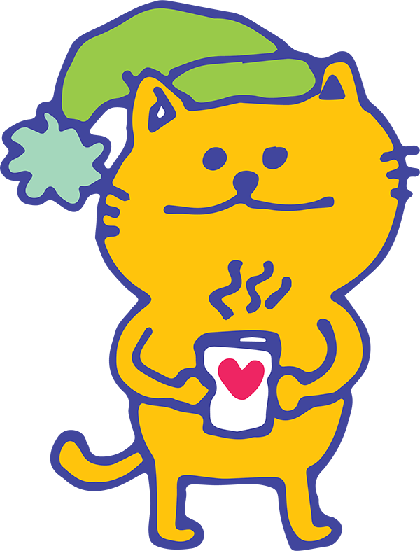 A smiling orange cat with a green cap holds a hot beverage. 