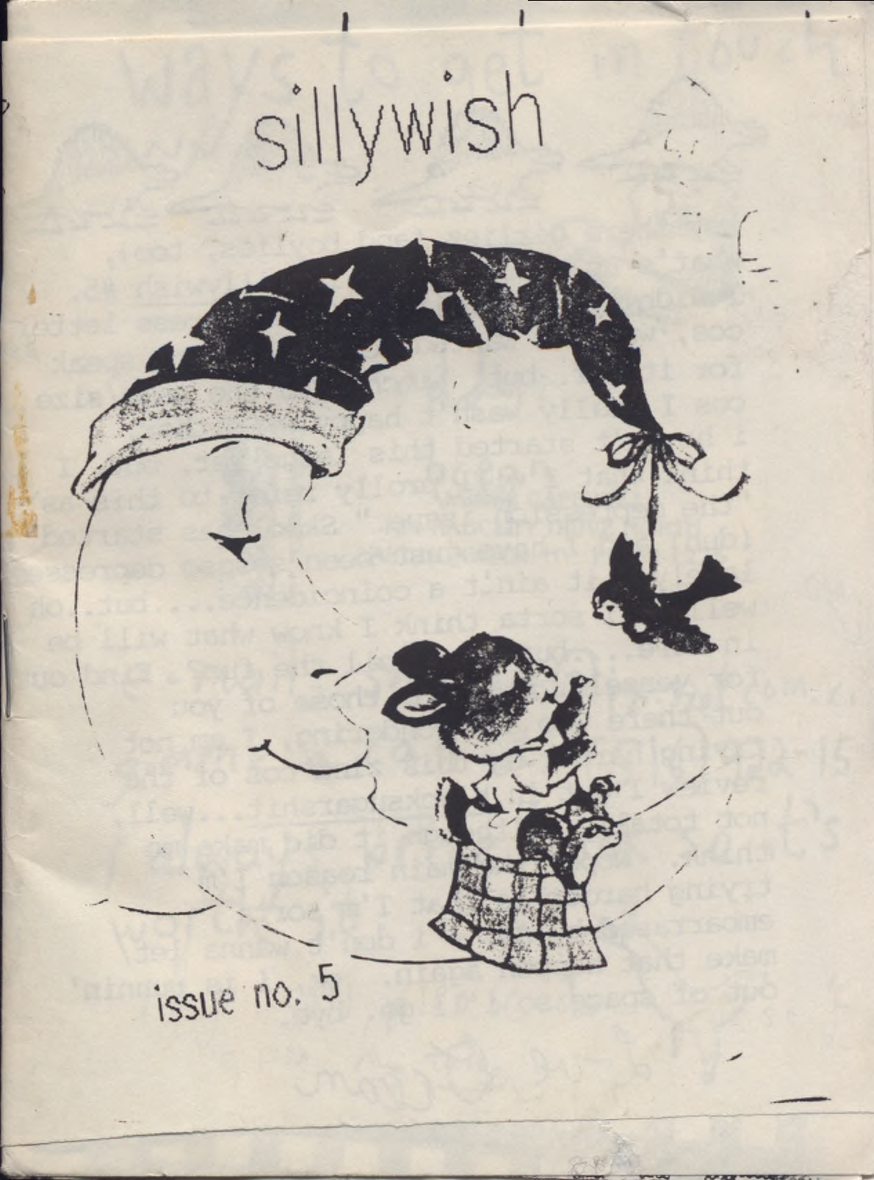 zine cover: Sillywish #5. Clip art crescent moon with a bird hanging from its top tip and a bunny hanging out on the bottom playing with the bird