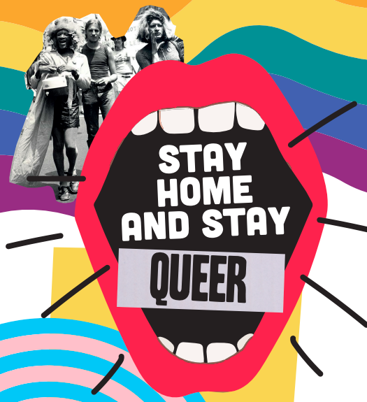 zine cover: Stay Here and Stay Queer. Title in a wide open mouth, photo of queer activists.