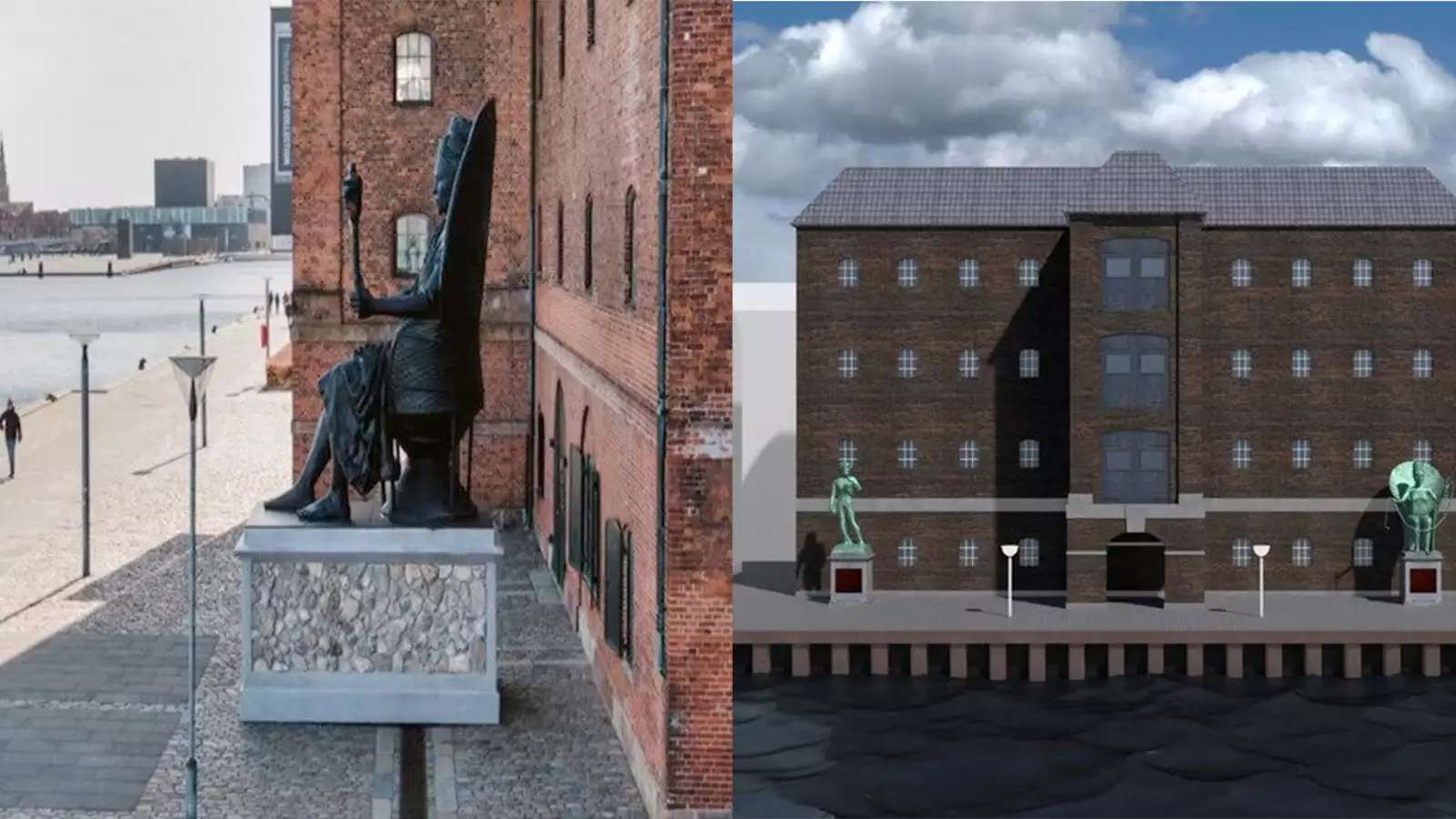 Photo of I Am Queen Mary monument in Copenhagen, next to illustration of the West Indies warehouse with David and IAQM juxtaposed.